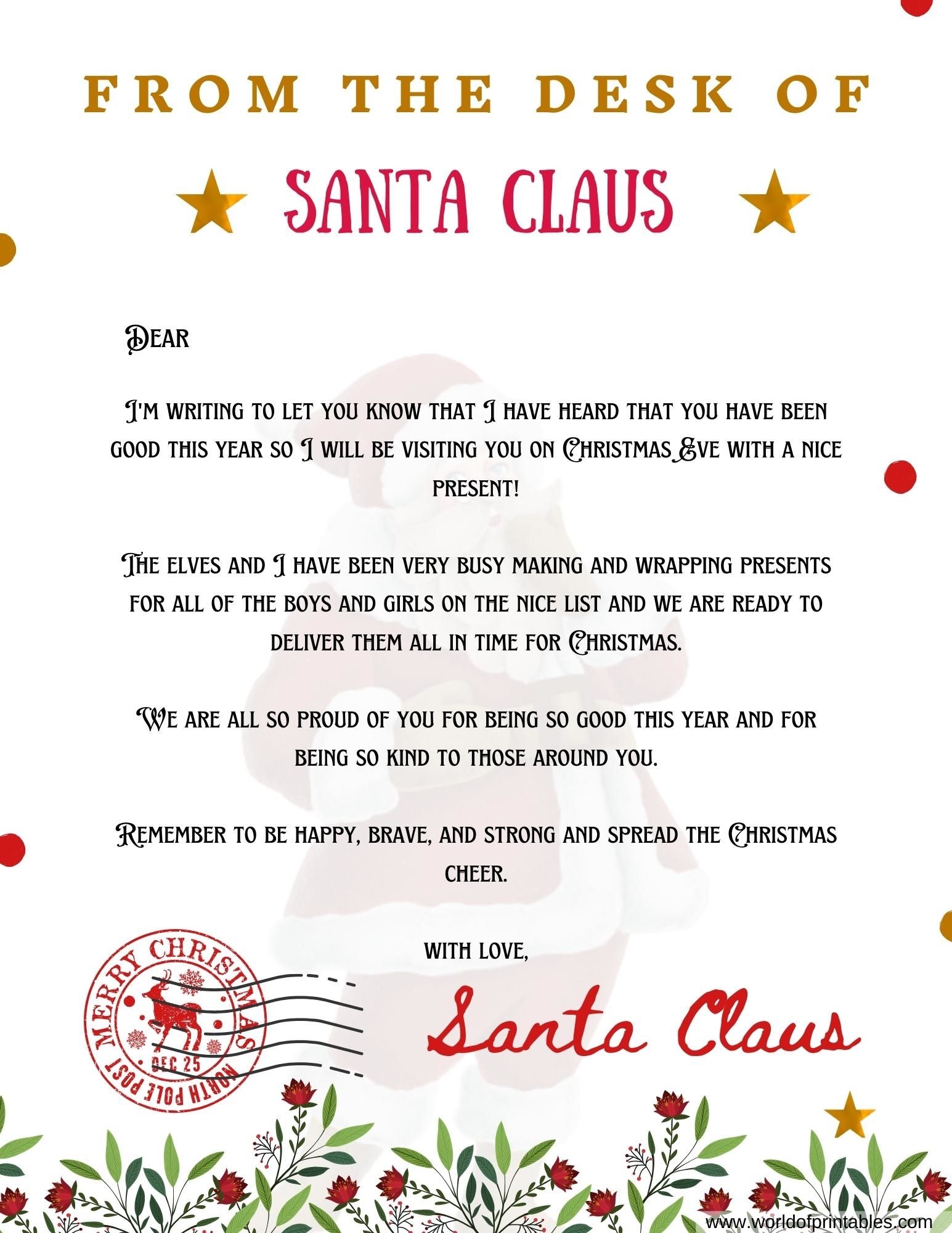 Printable Letter From Santa Free