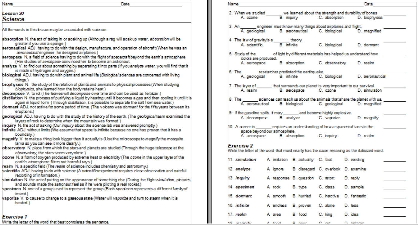 150 Vocabulary Word Definition Lists And Worksheets For Middle High School Best Ed Lessons
