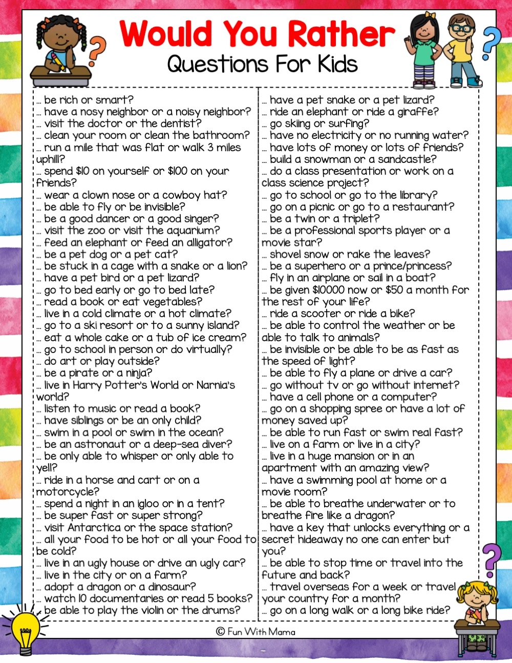 Would You Rather Cards Printable
