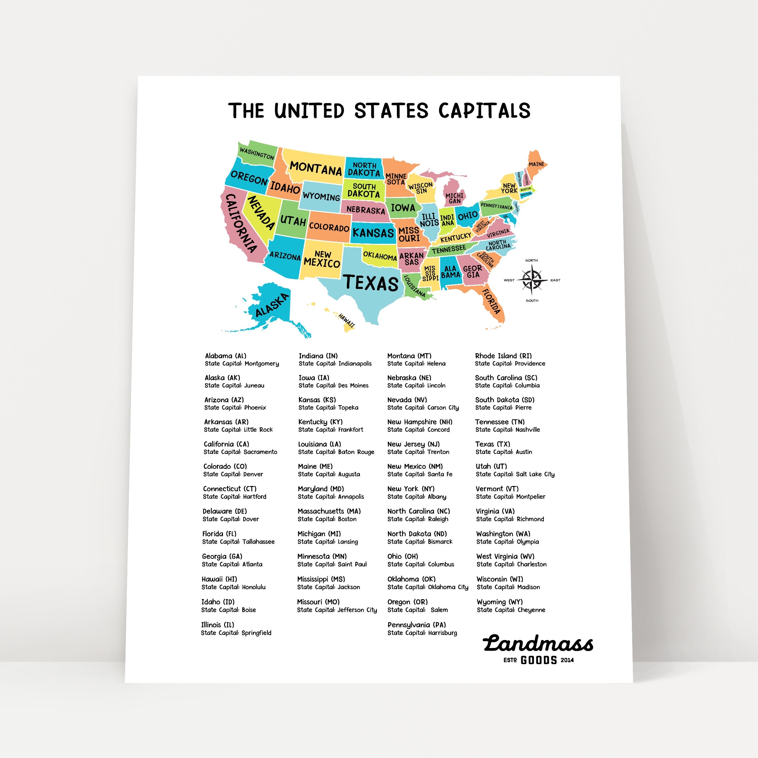 18x24 United States Map With Capitals For Kids Educational Homeschool Classroom Daycare Decor Wall Art Poster Print Etsy de