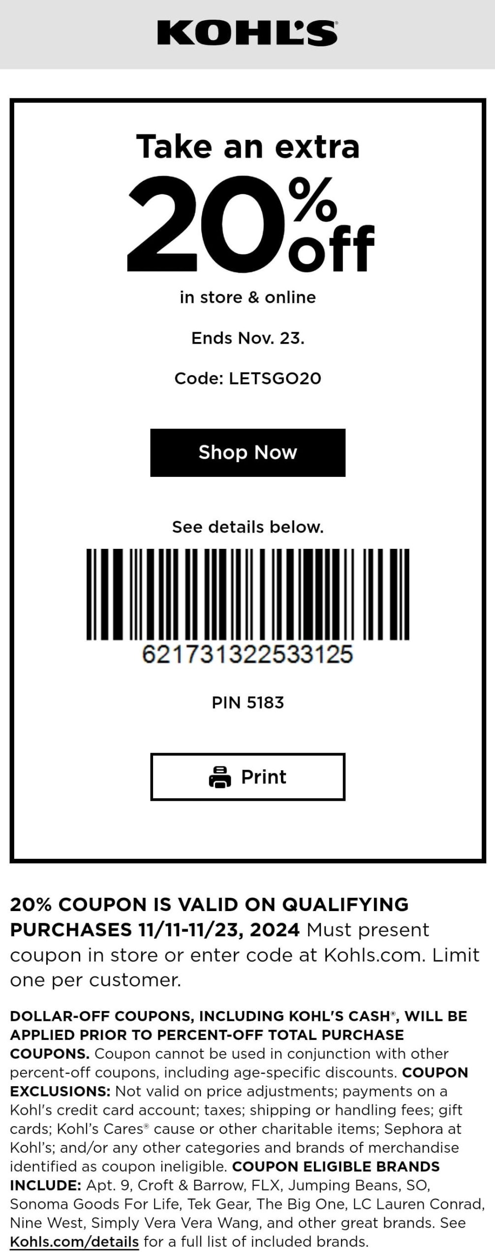 20 Off At Kohls Or Online Via Promo Code LETSGO20 kohls The Coupons App 
