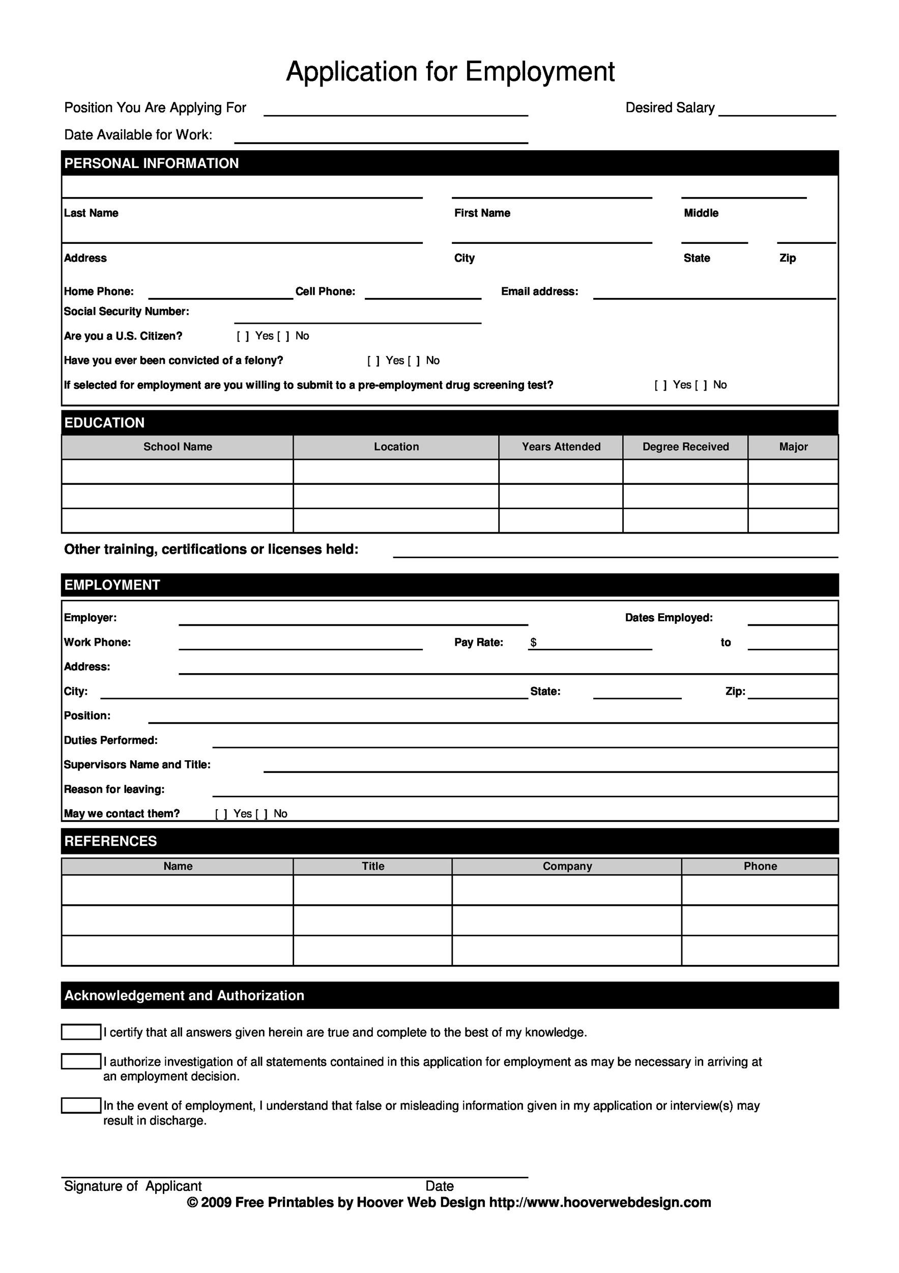 Printable Blank Job Application Form Word Document