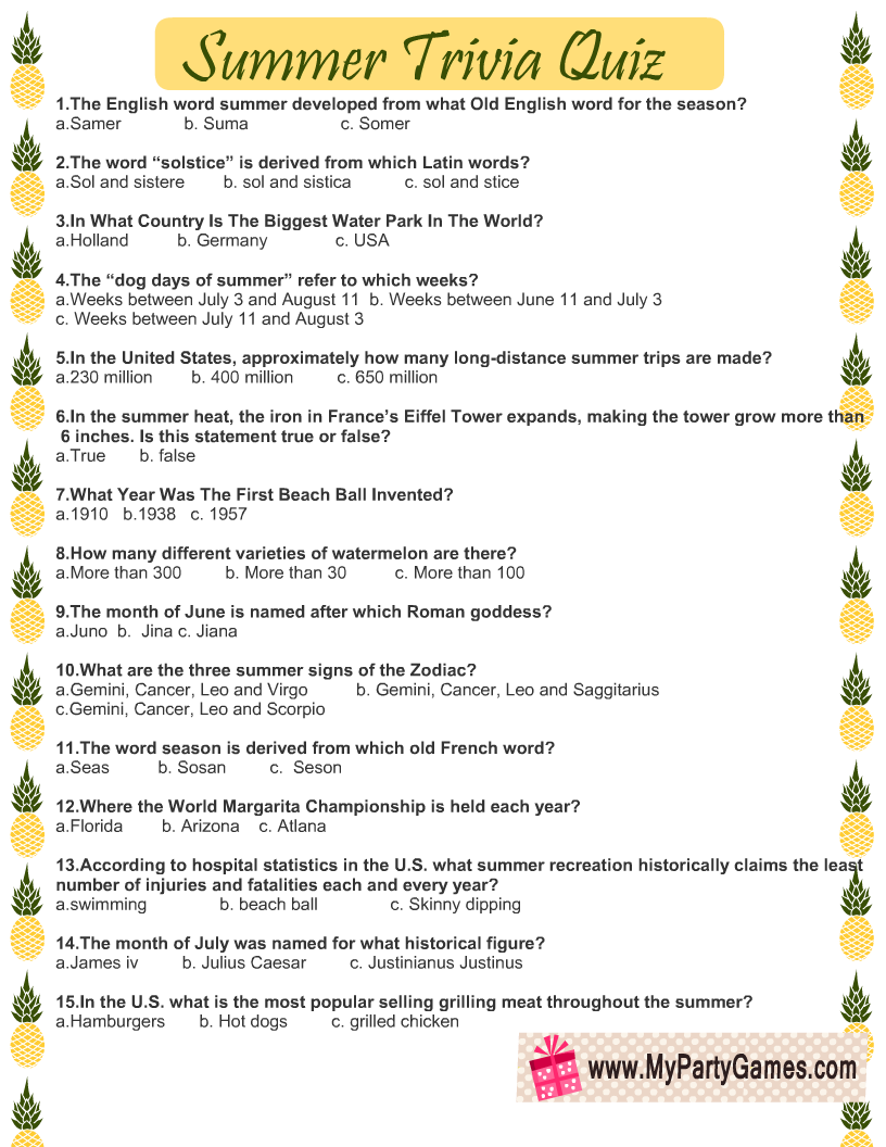 Printable Summer Trivia Questions And Answers