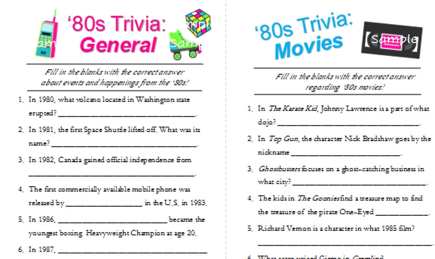 80s Trivia Pack Printable Trivia 1980 s Game Includes Answers Etsy