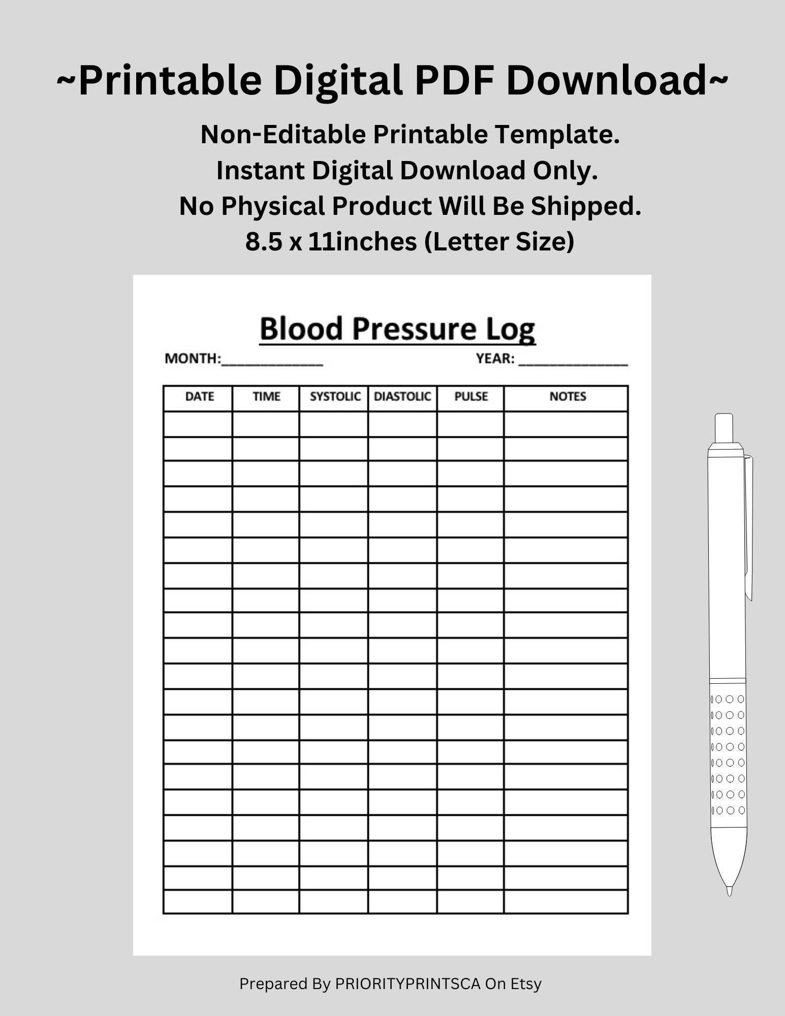 Printable Blood Pressure Log Wallet Size