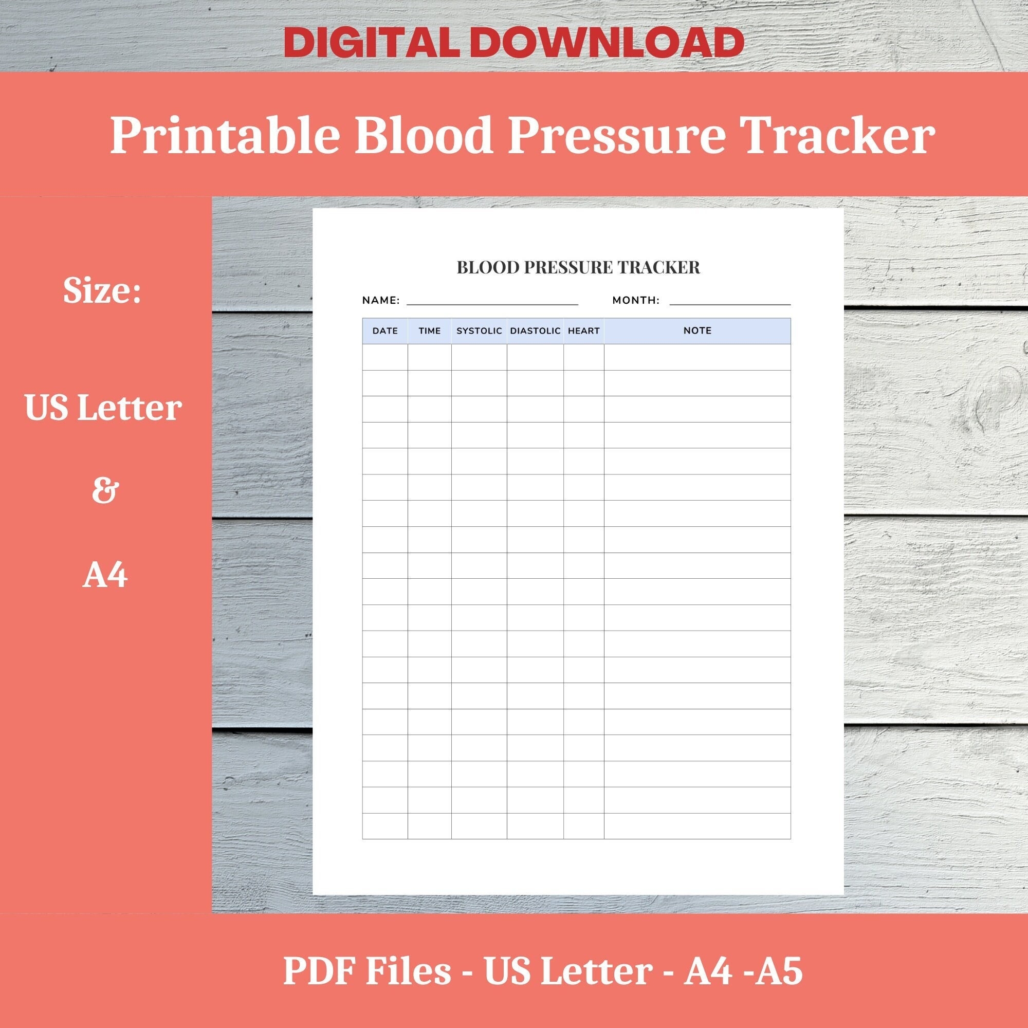 Blood Pressure Log Printable Blood Pressure Tracker Medical Planner Inserts Monthly Blood Pressure Chart Etsy
