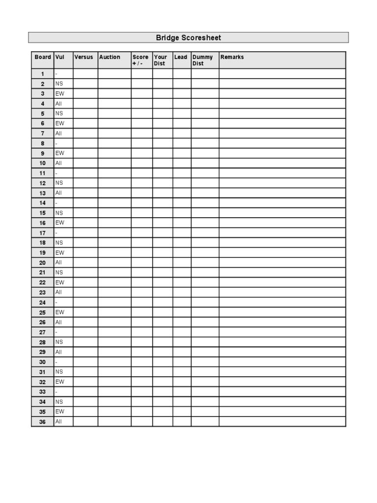 Printable Bridge Score Sheets Template