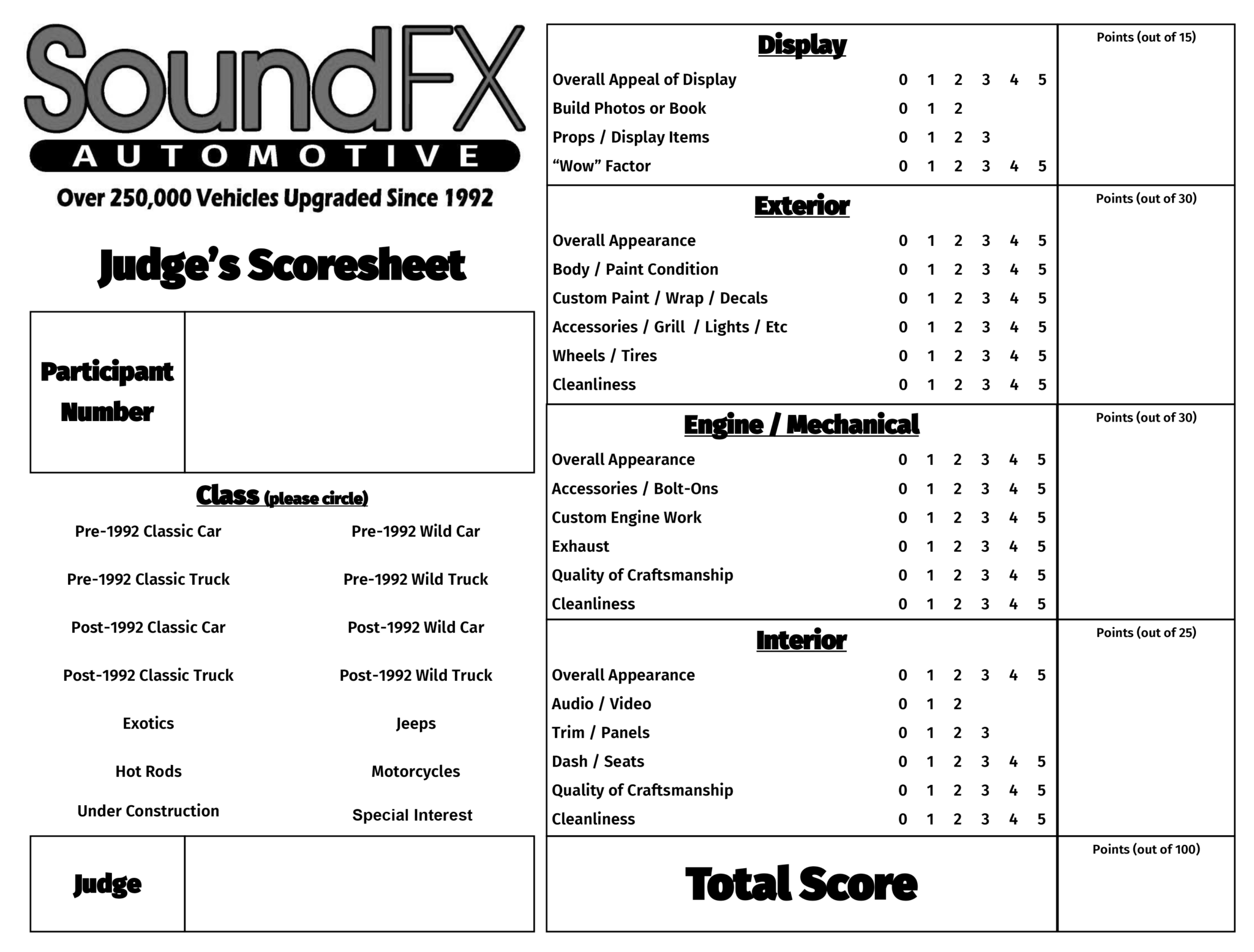 Printable Car Show Judging Sheet