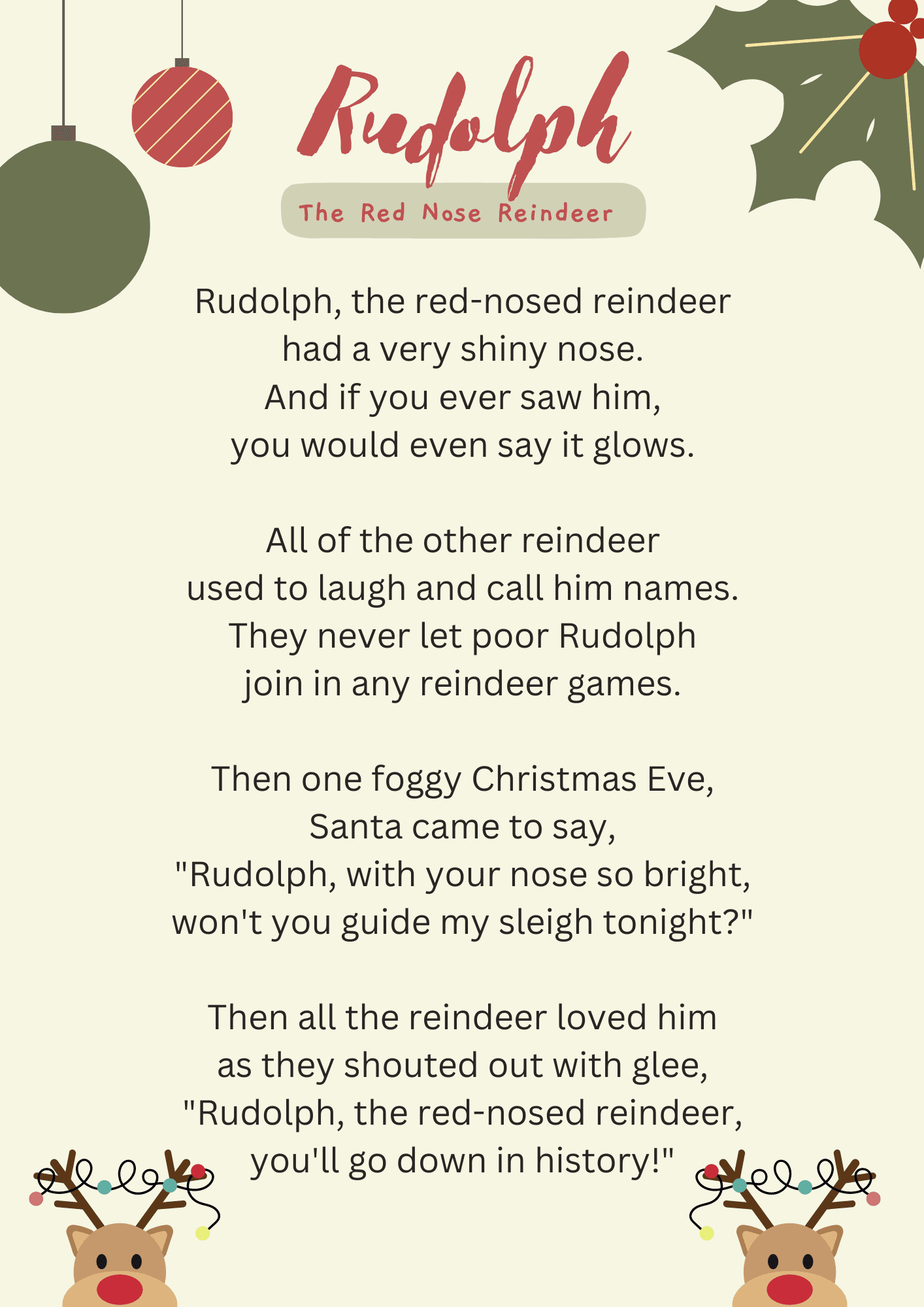 Lyrics Rudolph The Red Nosed Reindeer Printable