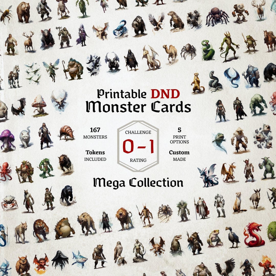 D D Monster Cards Challenge 0 To 1 Mega Collection Tokens Foldable Board Cards Easy Digital Download Monster Manual Stat Blocks Etsy UK