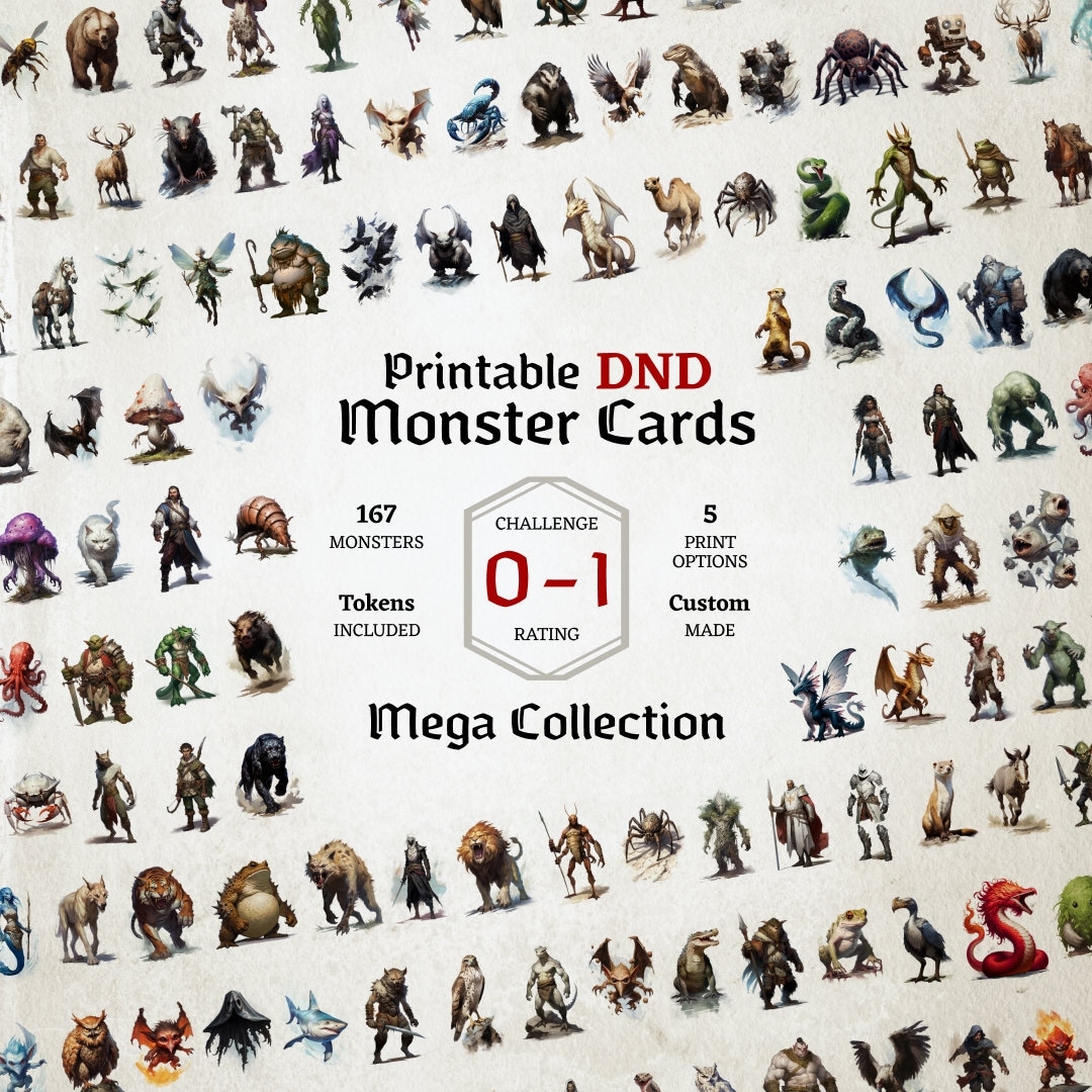D D Monster Cards Challenge 0 To 1 Mega Collection Tokens Foldable Board Cards Easy Digital Download Monster Manual Stat Blocks Etsy