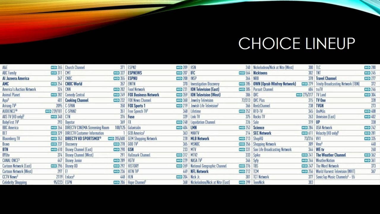 Directv Choice Channel Lineup Printable