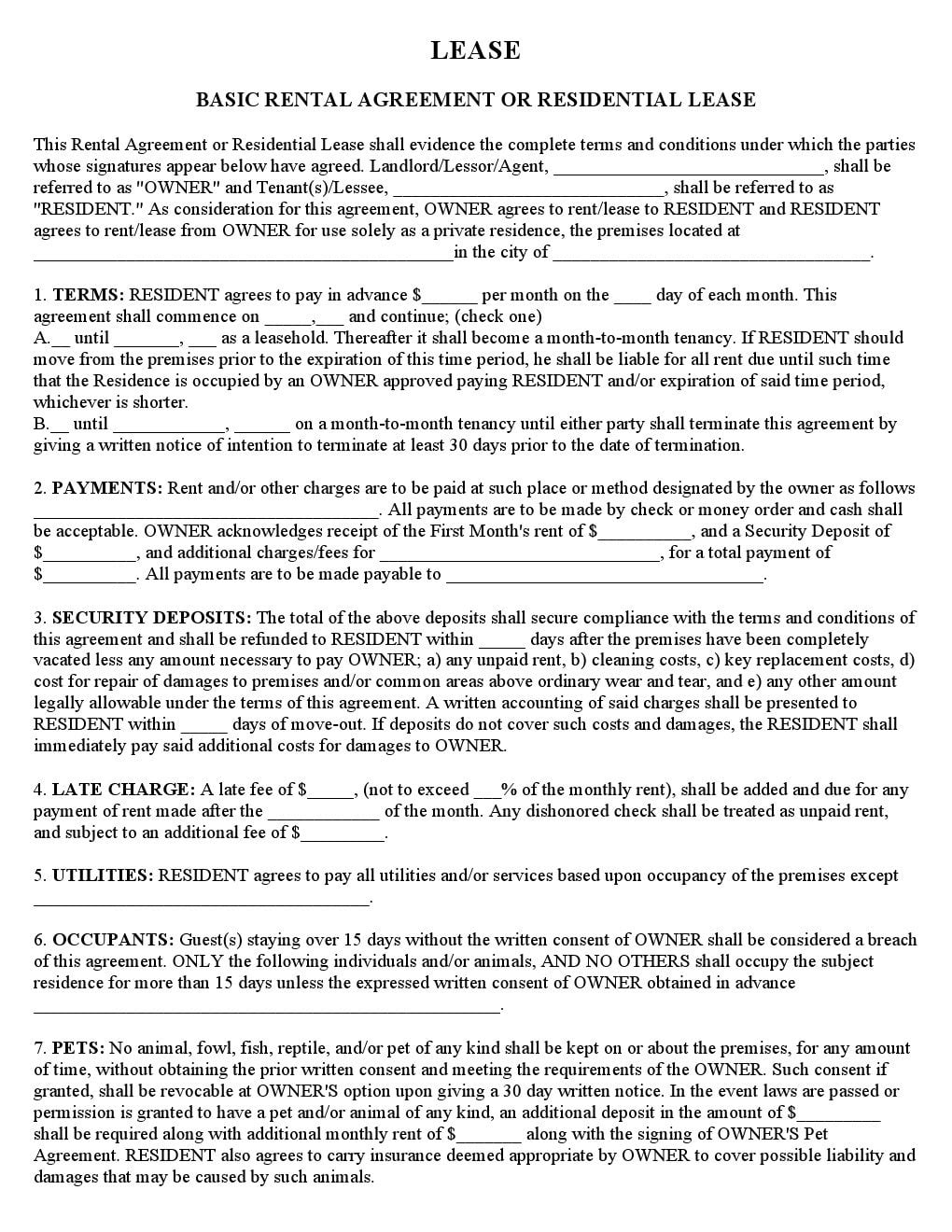 Downloadable Free Printable Basic Rental Agreement
