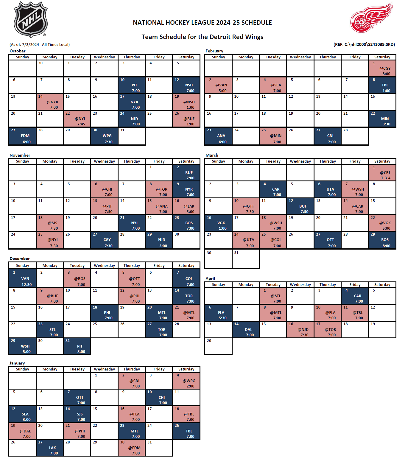Detroit Red Wings Schedule Printable