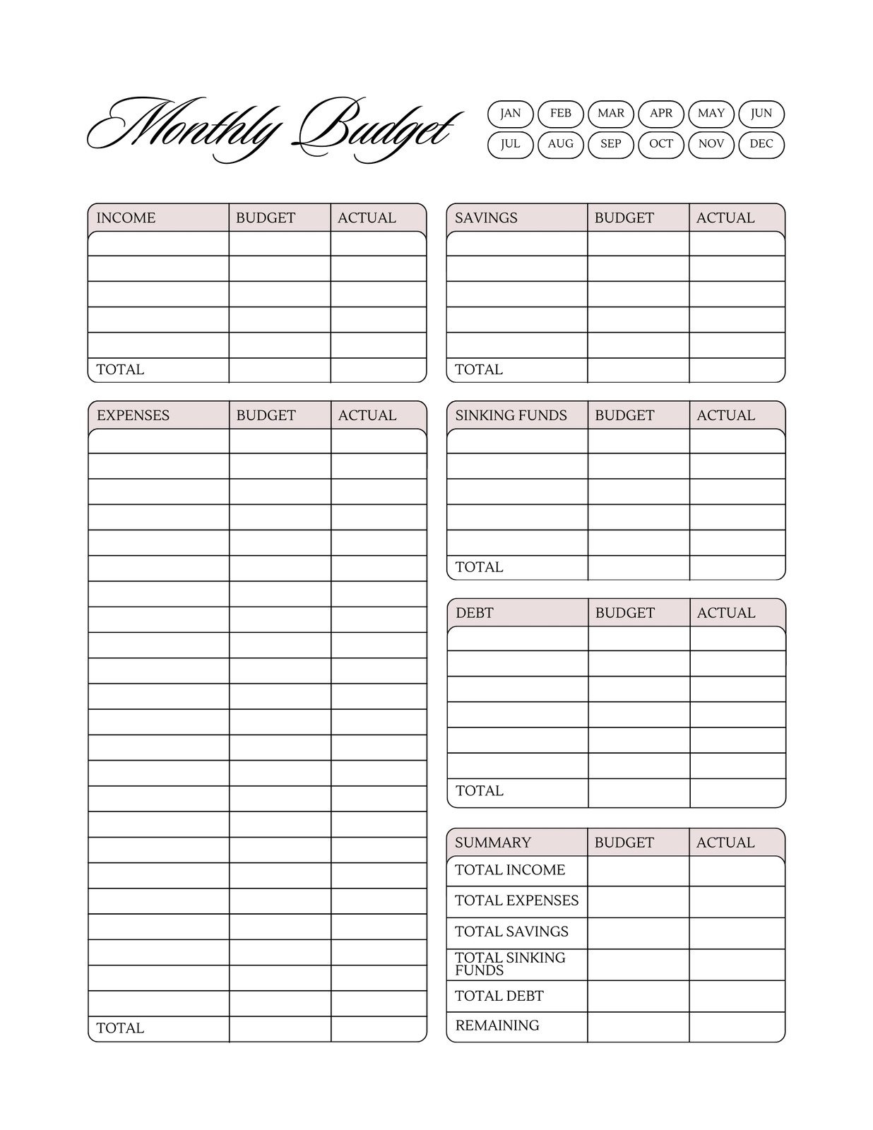 Free Printable Monthly Budget Worksheet