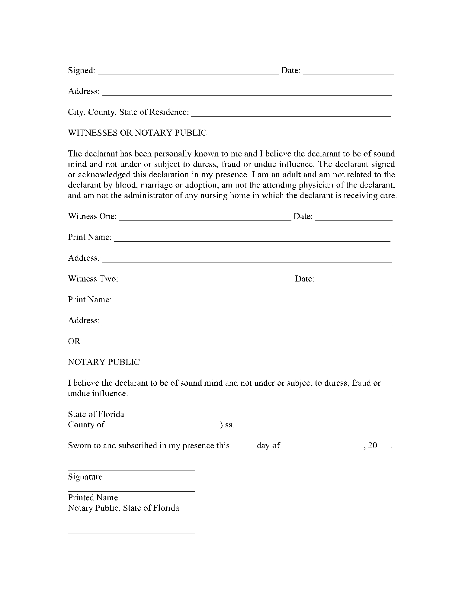 Free Printable Living Will Forms Florida
