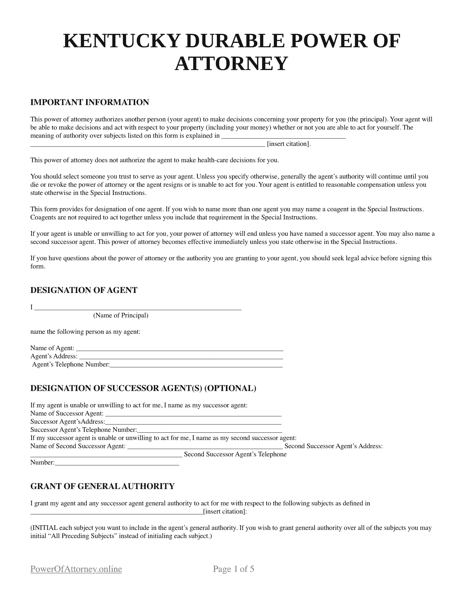 Free Printable Power Of Attorney Form Kentucky