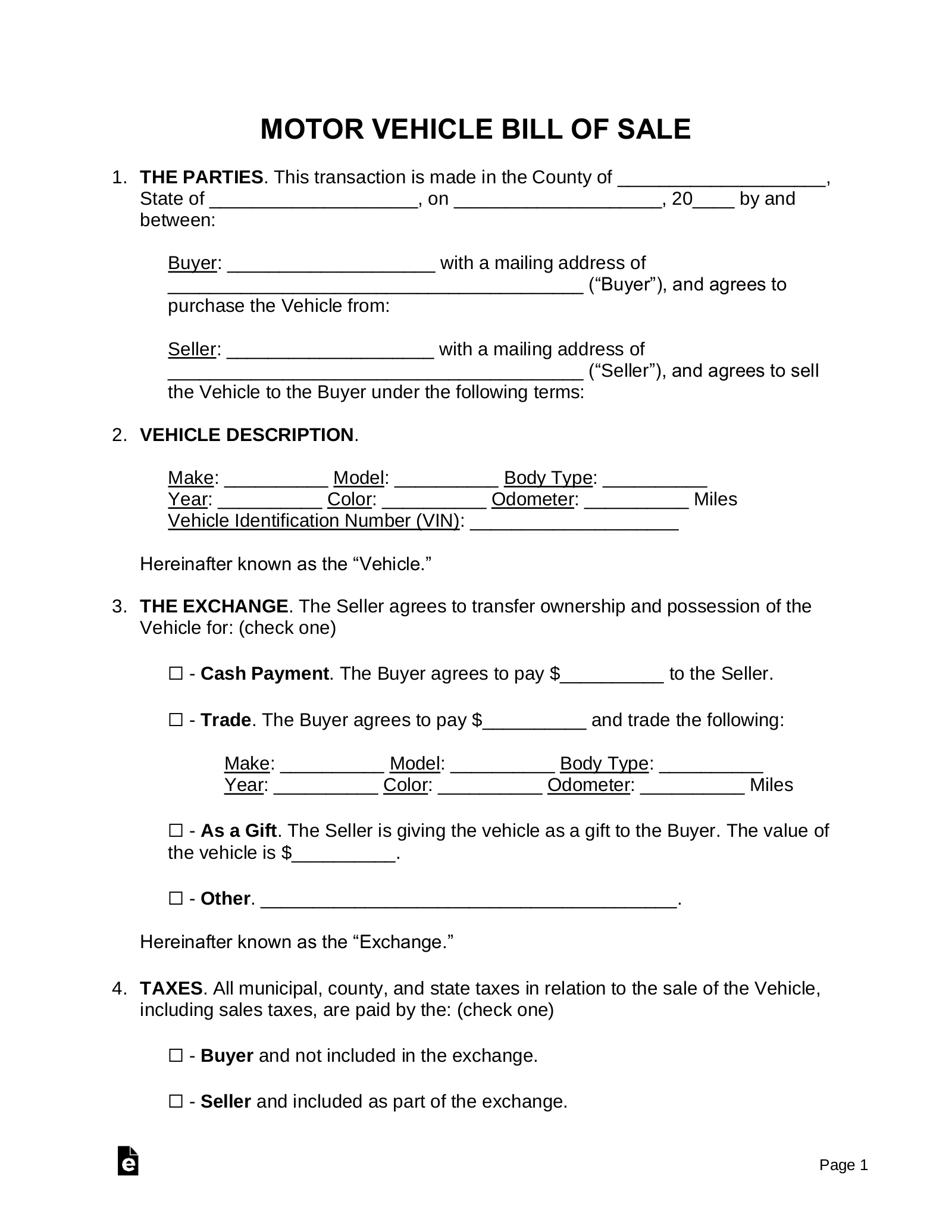 Printable Bill Of Sale For Used Car