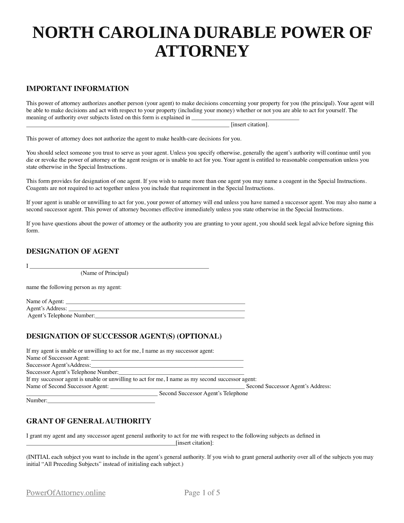 Free Printable Power Of Attorney Forms For Nc