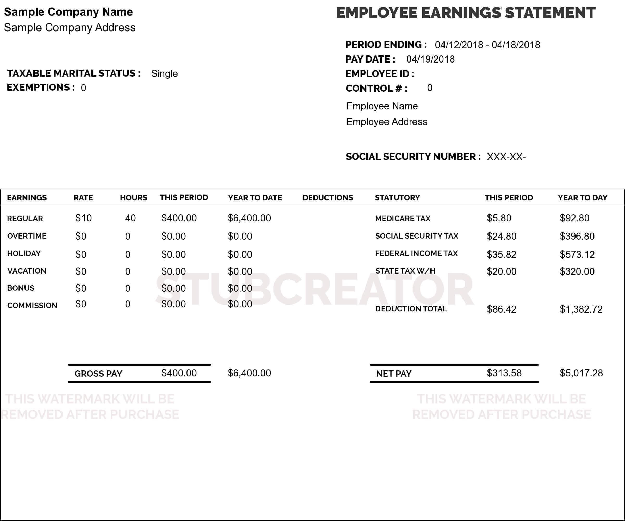 Printable Pay Stub Template Free