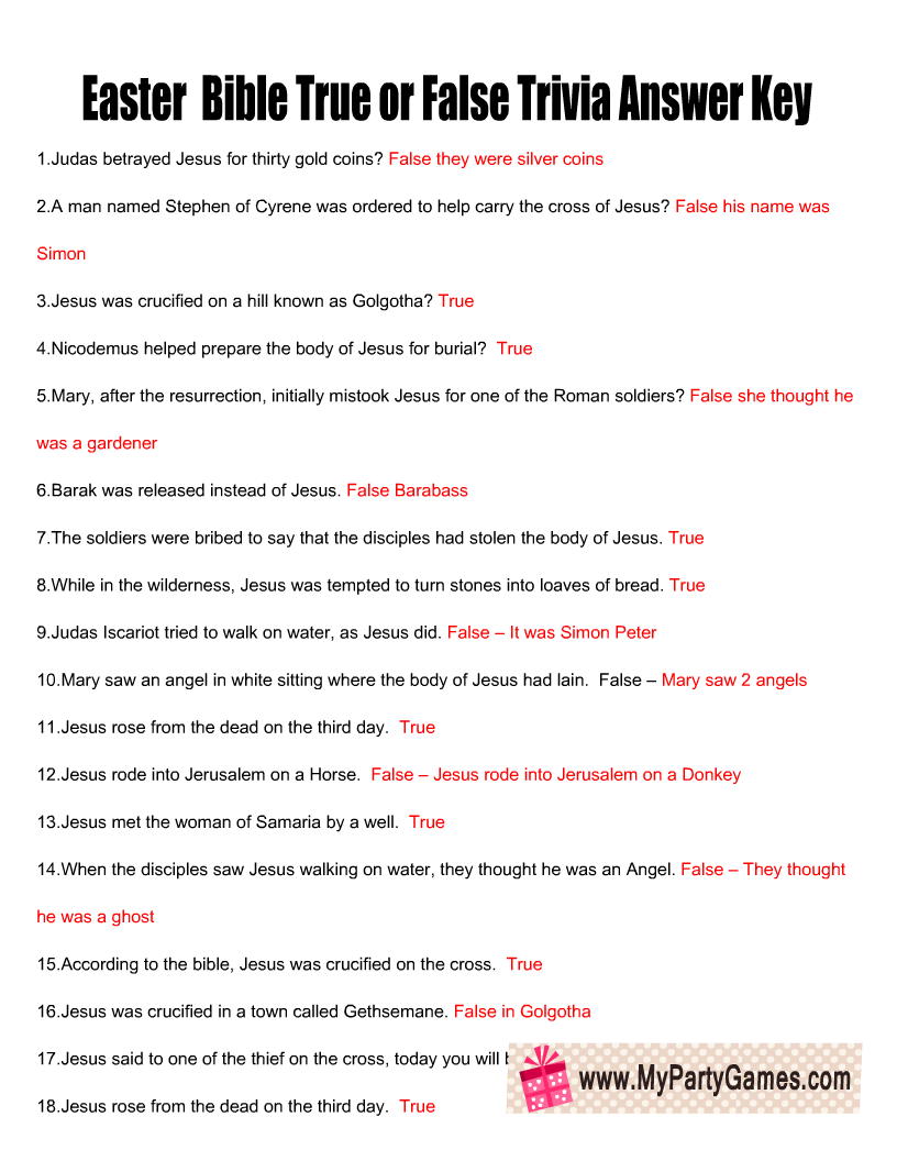 Free Printable Easter Bible True Or False Trivia Quiz