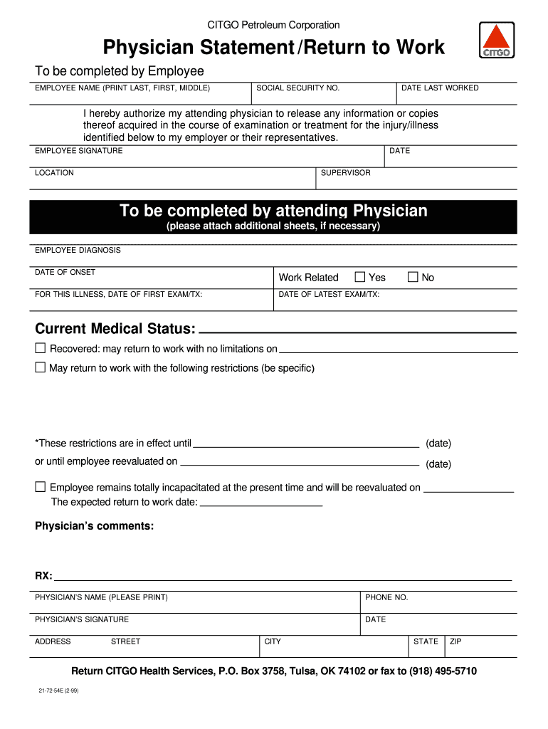 Printable Return To Work Form