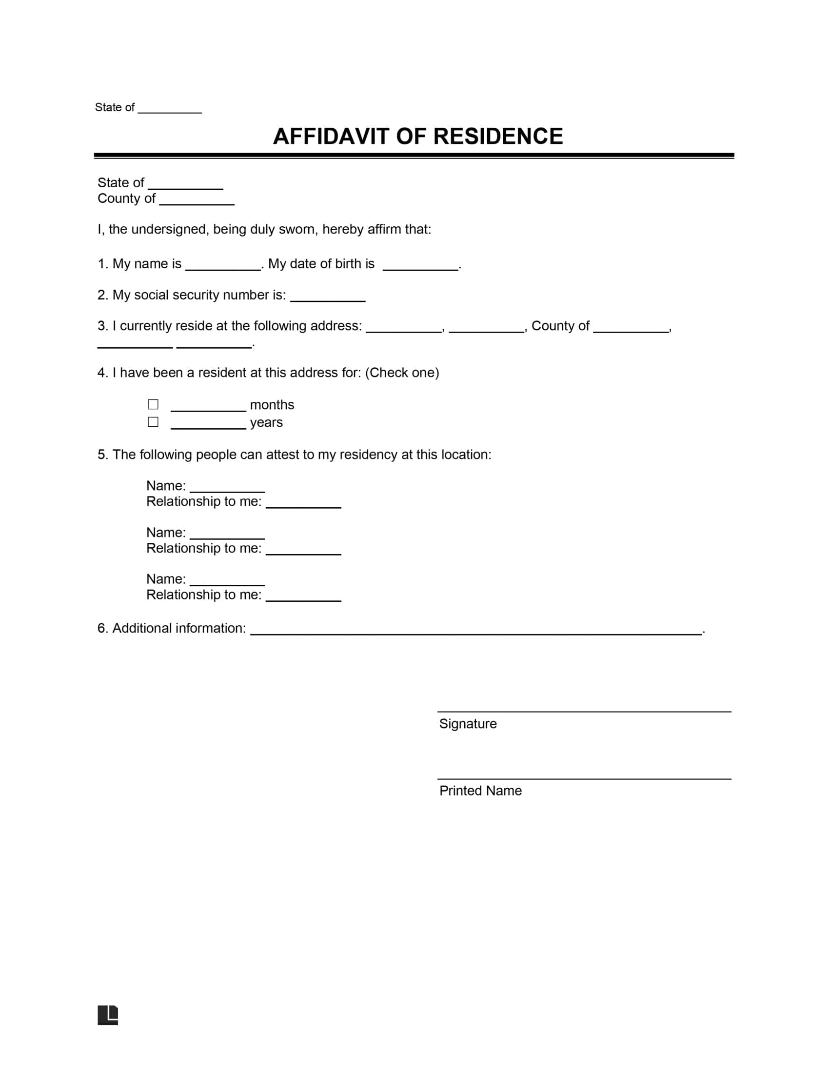 Free Proof Of Residency Letter Affidavit Of Residence PDF Word