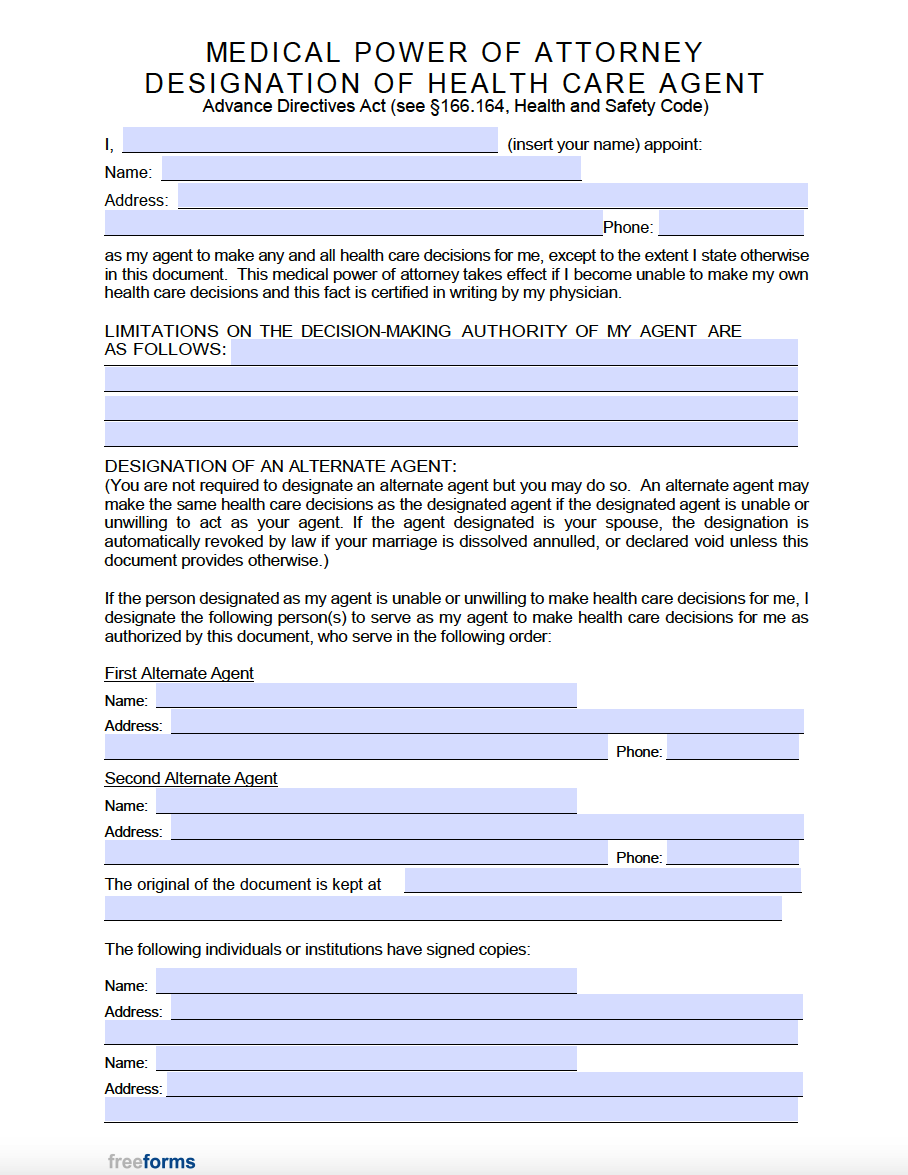 Free Blank Printable Medical Power Of Attorney Forms