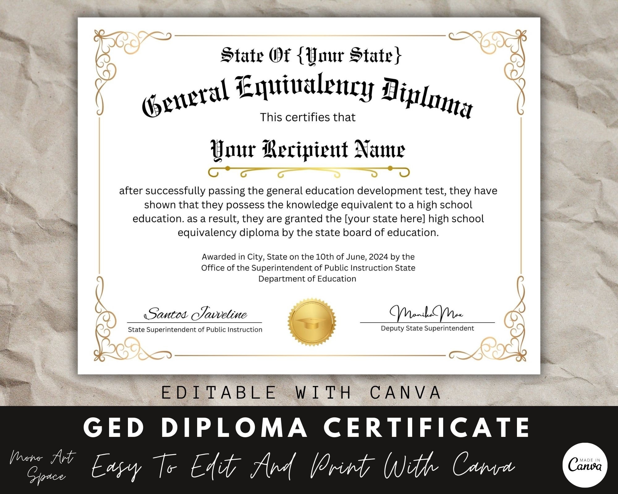 GED Diploma With Gold Seal Editable Certificate Canva Template Diploma Certificate School Equivalency Diploma Instant Download Etsy