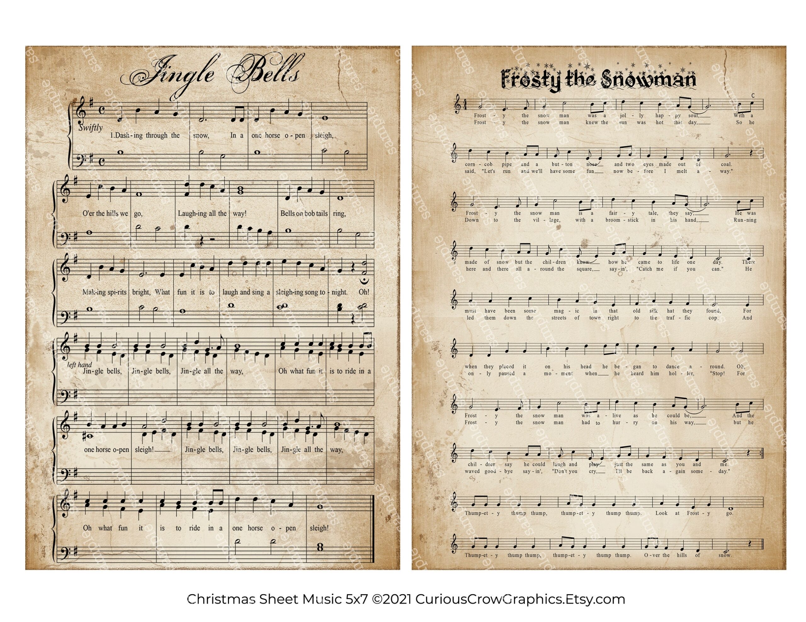 Grungy Aged Vintage Christmas Carol Music Digital Sheet INSTANT Printable Download 5 X 7 Frosty The Snowman And Jingle Bells Etsy