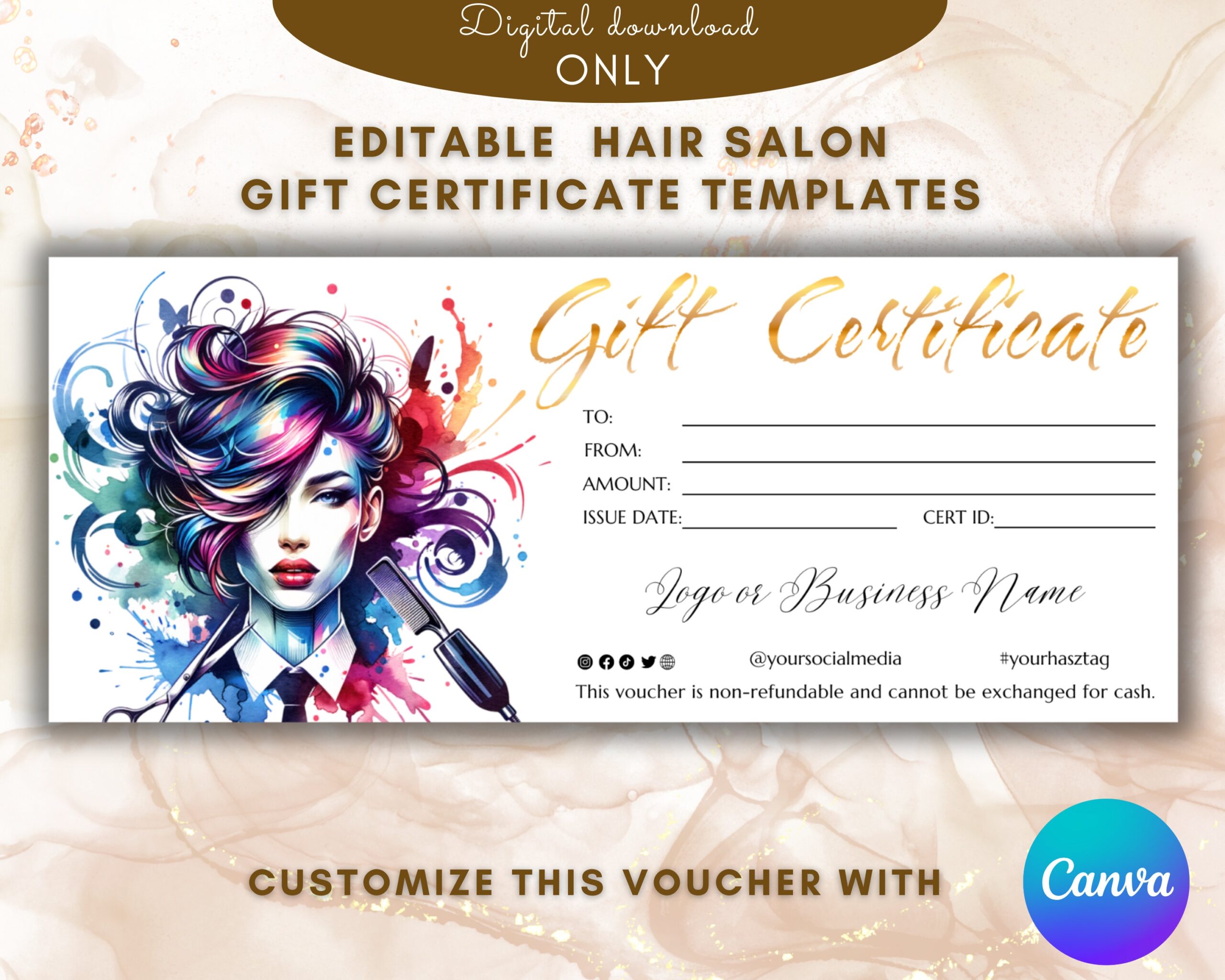 Hair Salon Gift Certificate Template Elegant Hair Stylist Gift Card Template Gift Voucher Printable Voucher EDITABLE Gold Gift Card Template Etsy