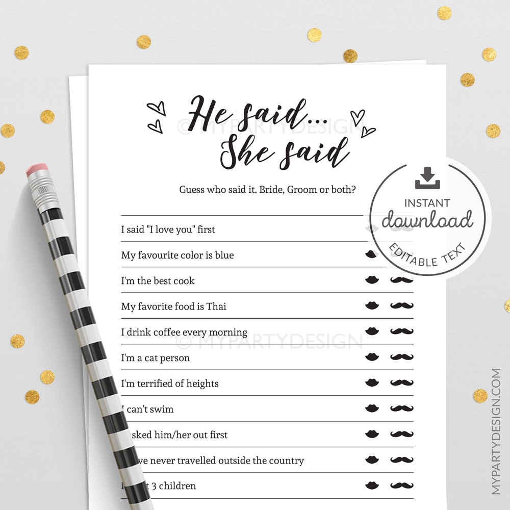 Free Printable Bridal Shower Games He Said She Said