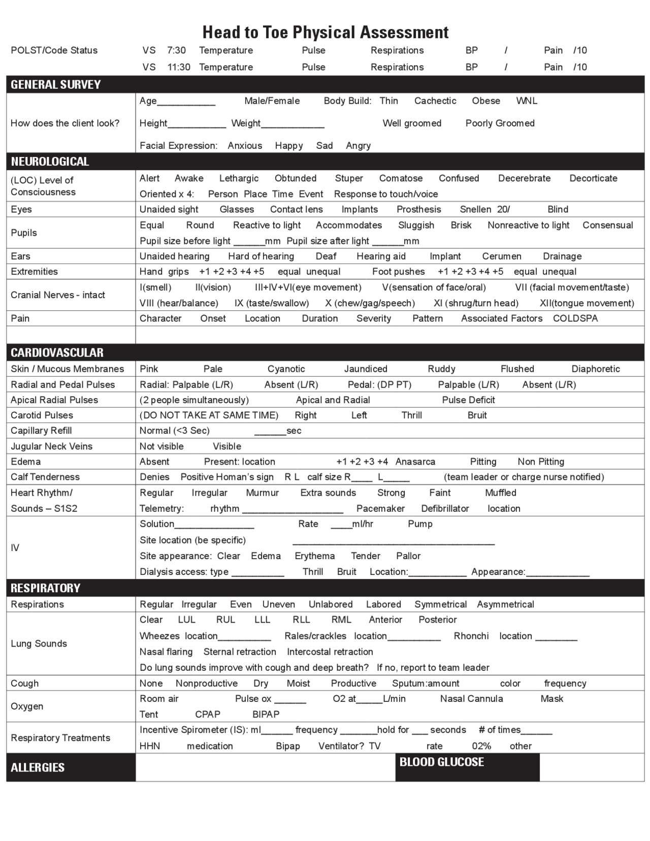 Printable Nursing Assessment Cheat Sheet