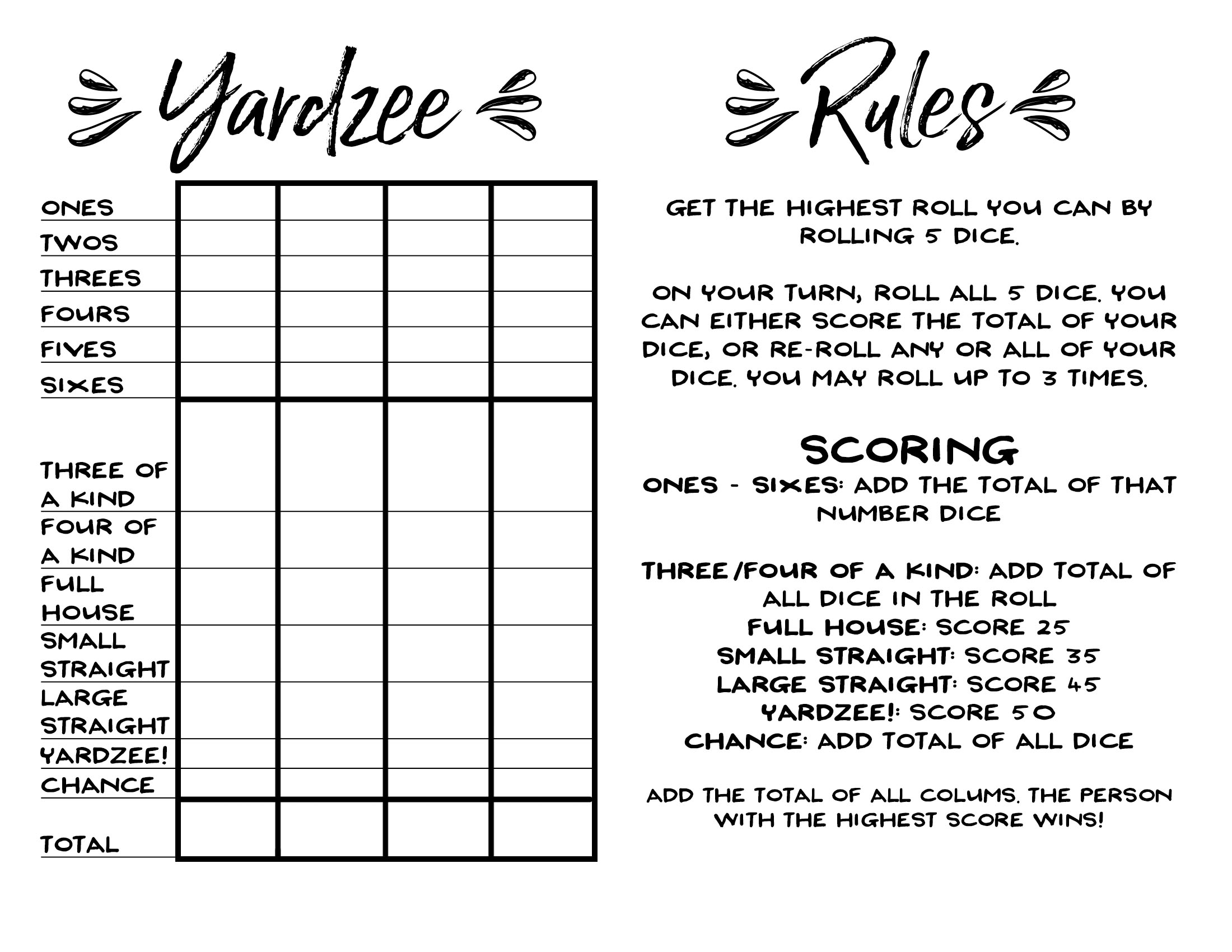Free Printable Yardzee Score Card