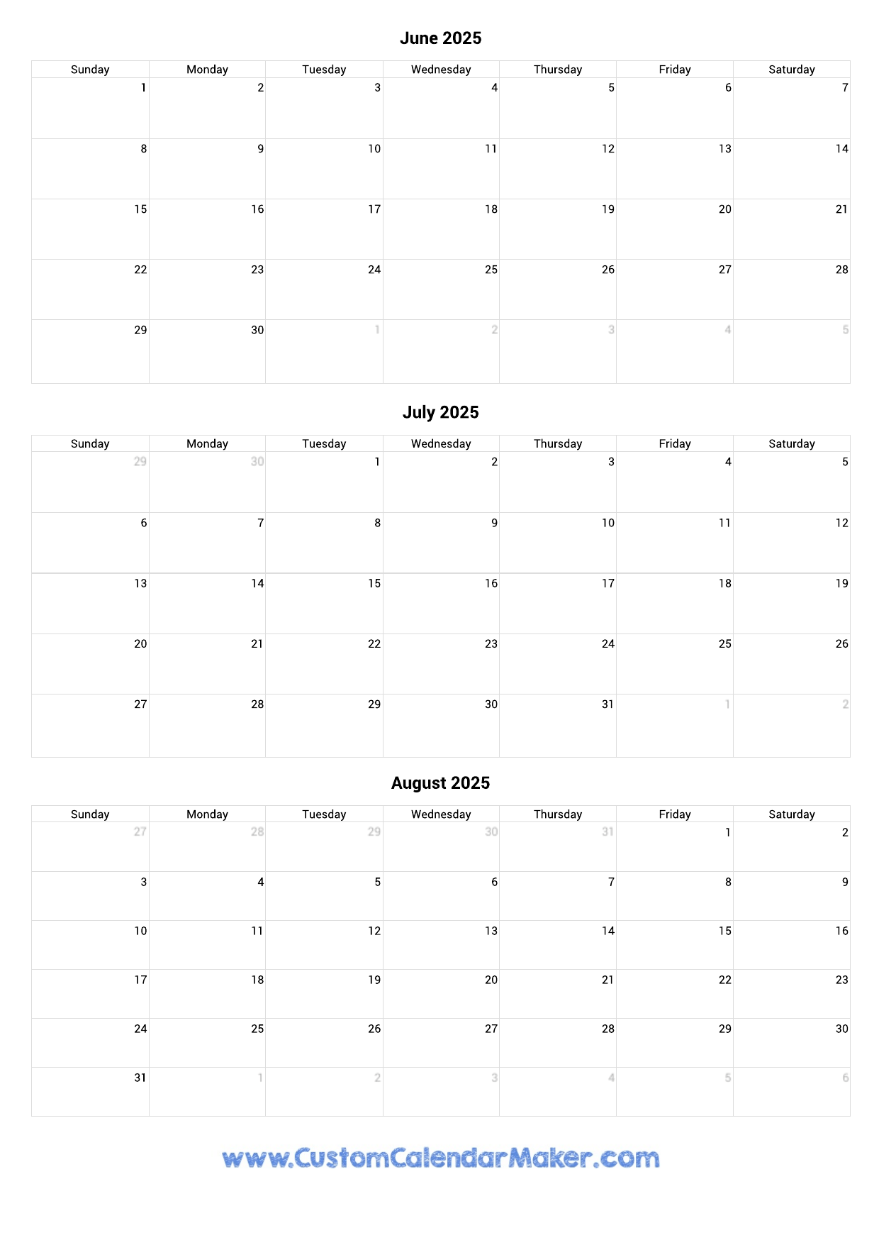 Print Calendar June July August 2025