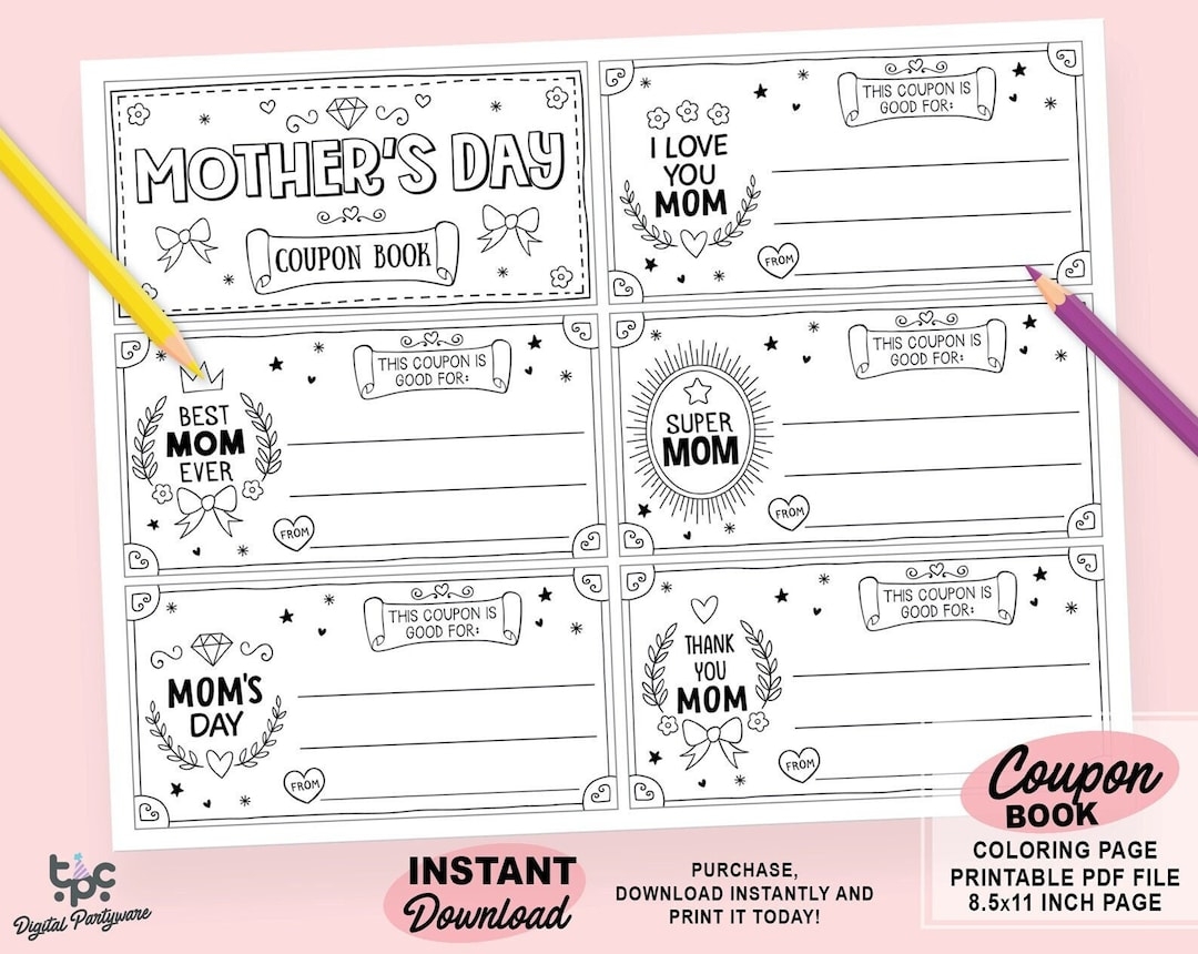 Mother s Day Coupon Book Printable Kids Mom Gift Coloring Page Fill In The Blanks Voucher Template Simple Mother s Day Coupon set Of 5 Etsy