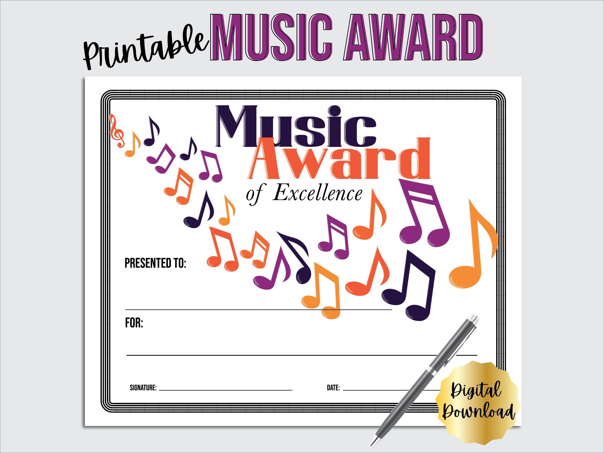 Music Award Certificate Printable For Music Teacher Or Music Contest Music Award Template Includes Editable PDF Etsy UK