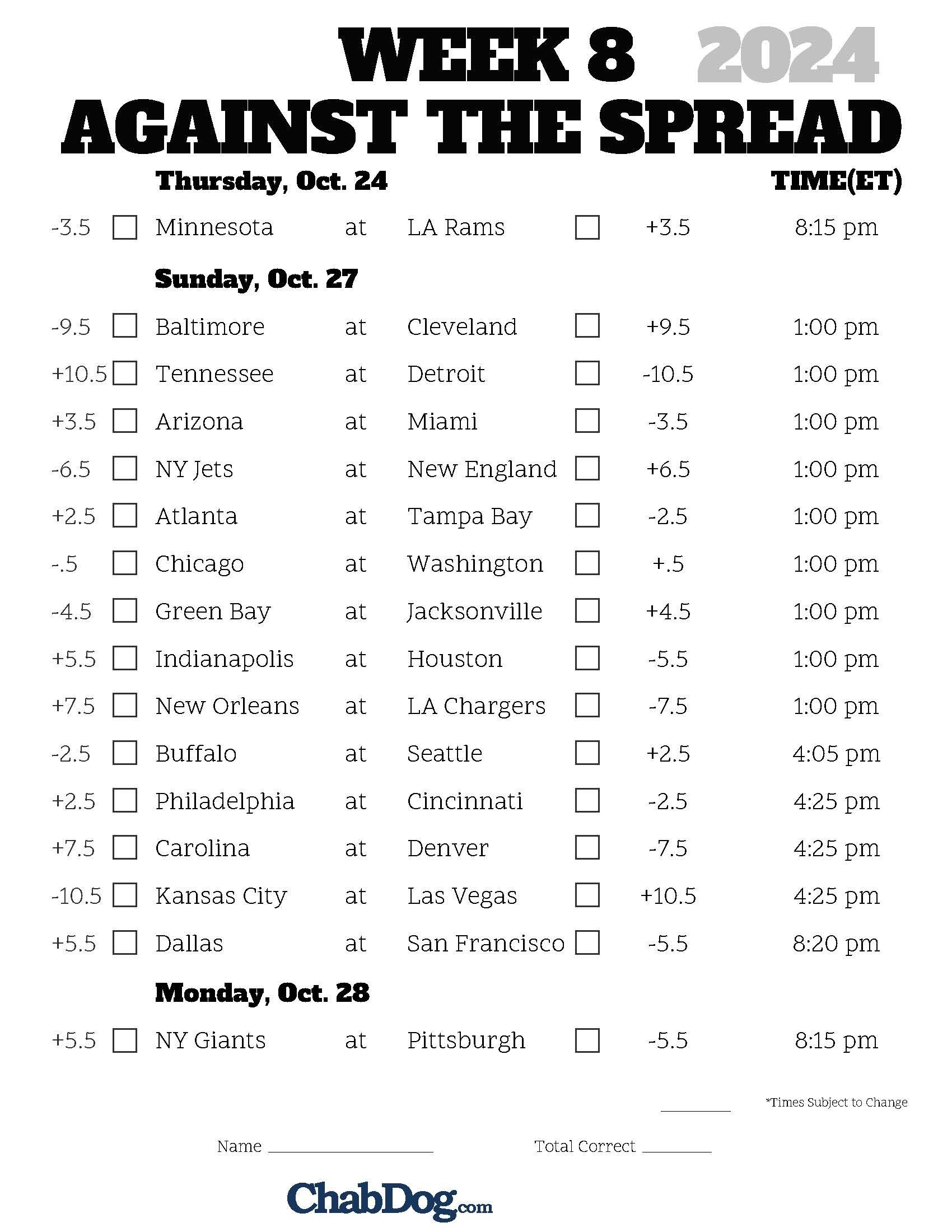 Nfl Week 8 Printable Schedule