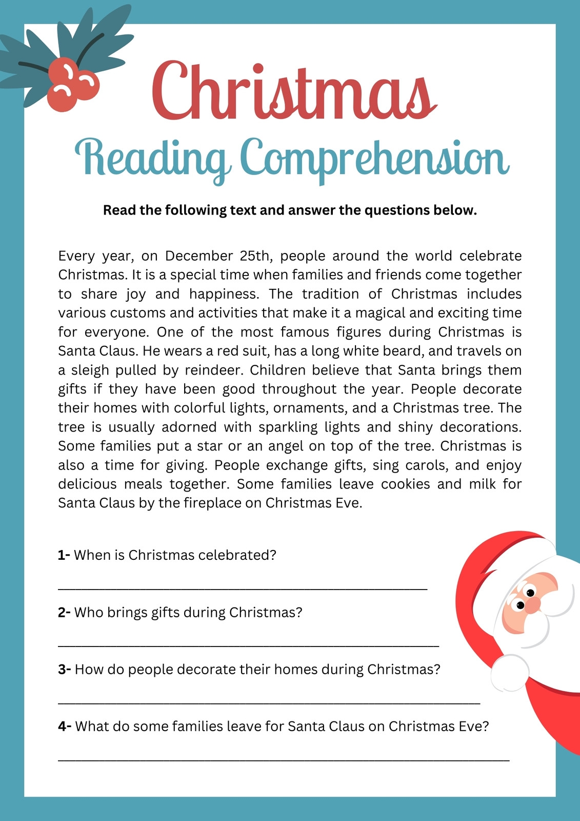Free Printable Christmas Stories With Comprehension Questions