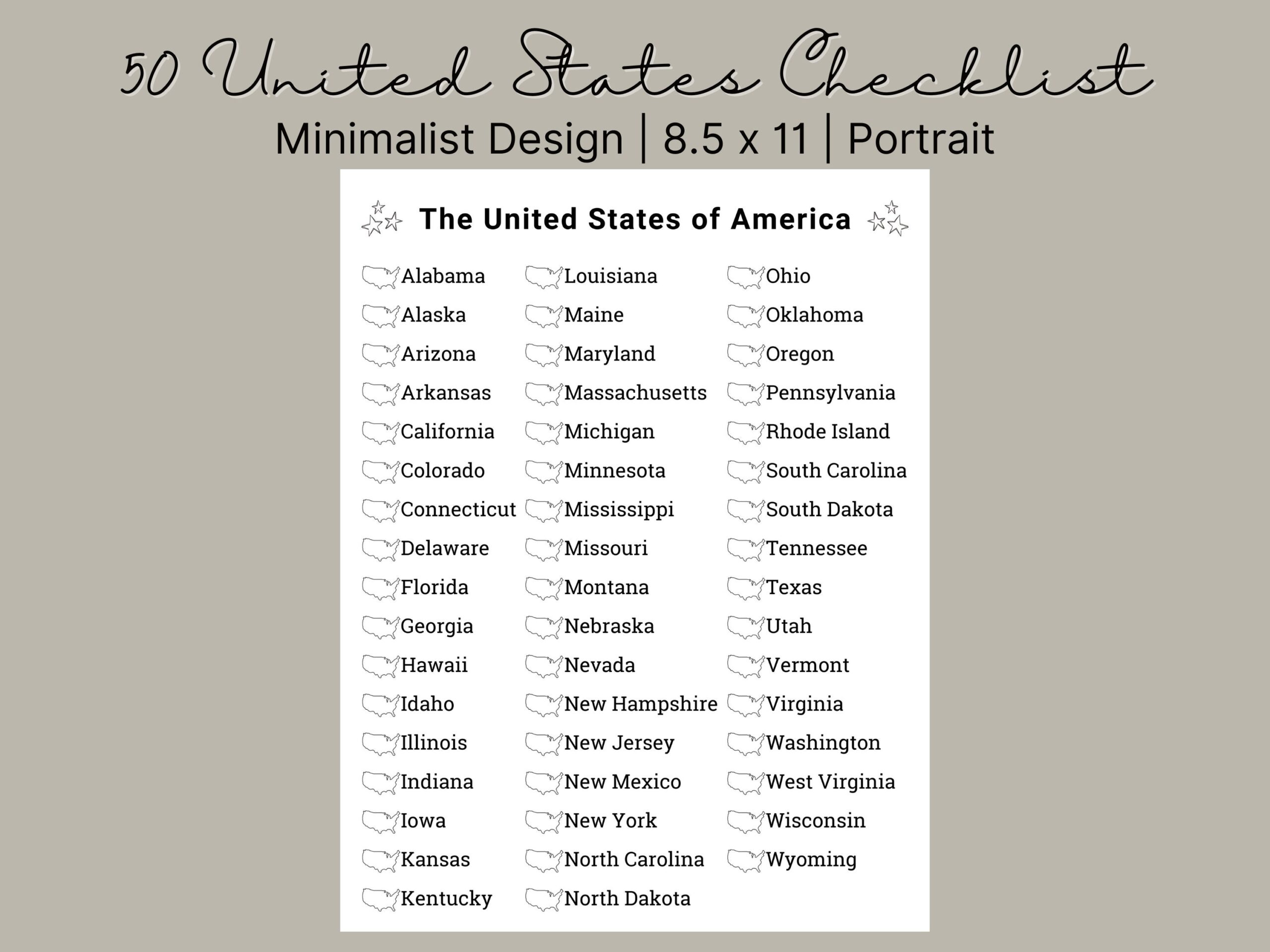 Printable 50 States Checklist Bucket List 50 States Challenge 50 United States Travel Checklist US States Checklist Etsy UK