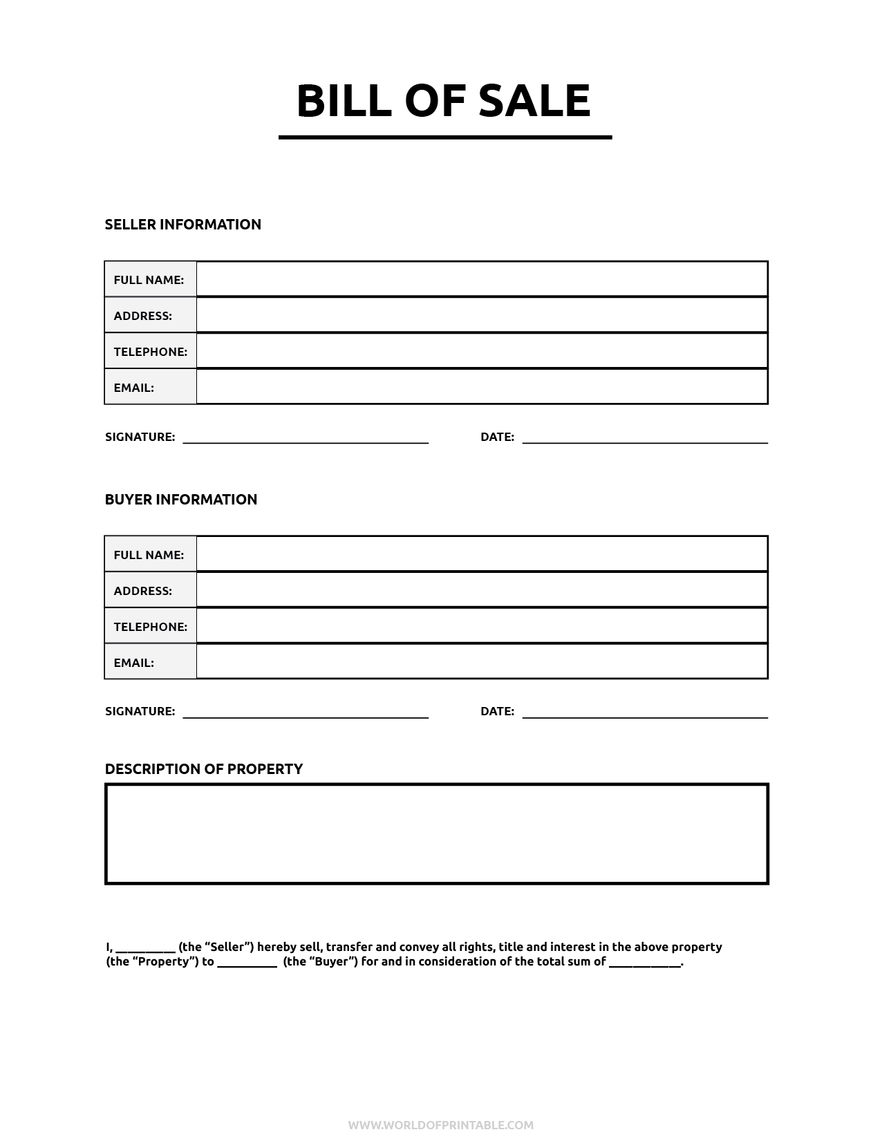 Bill Of Sale Form Free Printable