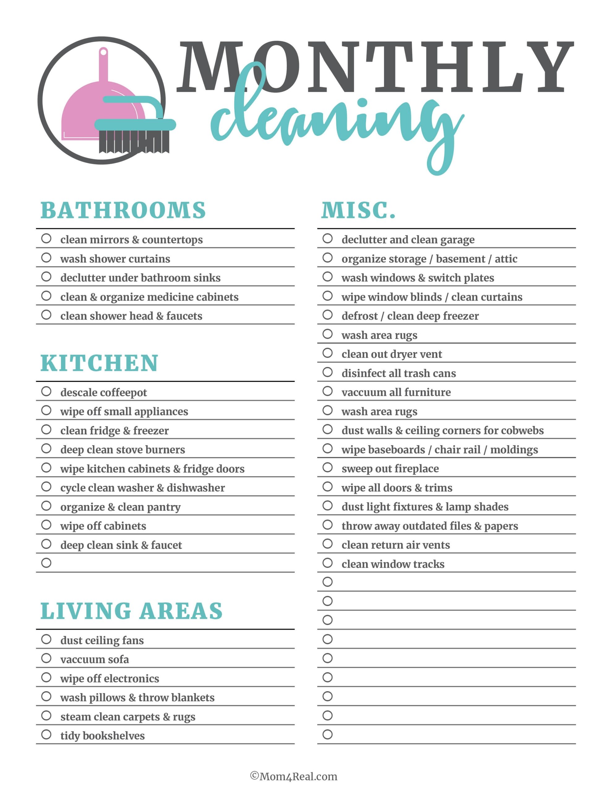 Daily Weekly Monthly Cleaning Checklist Printable
