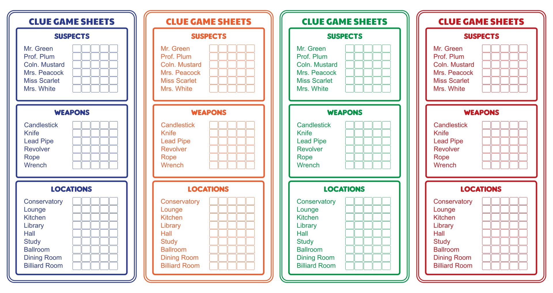 Printable Clue Game Sheets