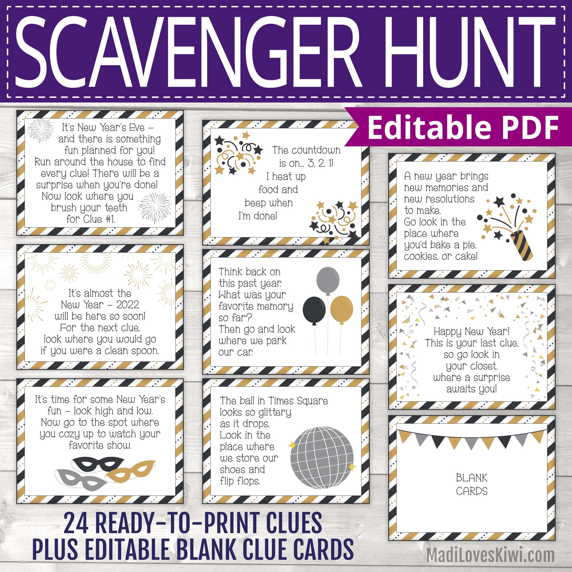 Printable New Year s Eve Scavenger Hunt Kids Indoor Treasure Clue Game Cards For New Year Madi Loves Kiwi Digital Downloads