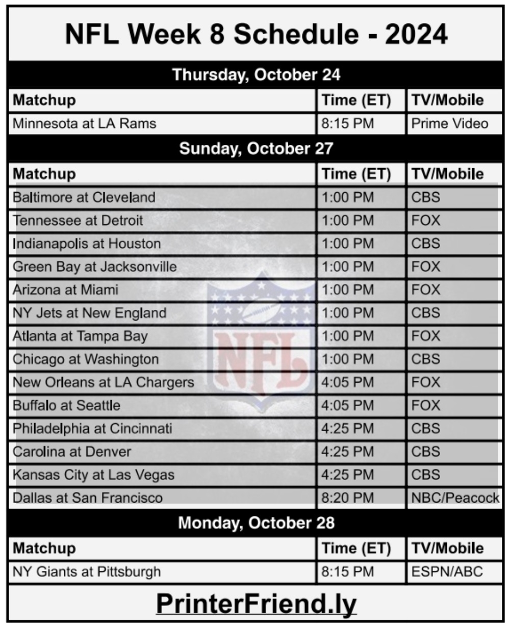 Printable NFL Week 8 Schedule TV Broadcasts And Matchups Printerfriendly Printable NFL Week 8 Schedule TV Broadcasts And Matchups Printerfriendly