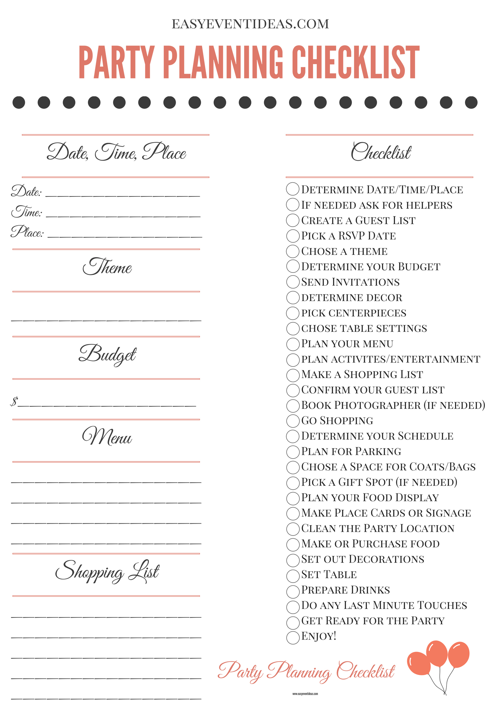 Birthday Party Planning Checklist Printable