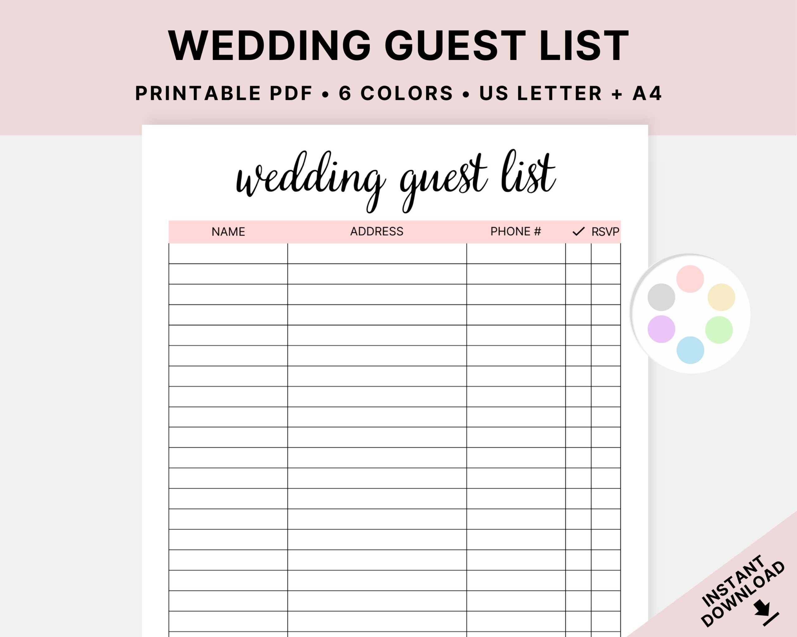 Printable Wedding Guest List Template