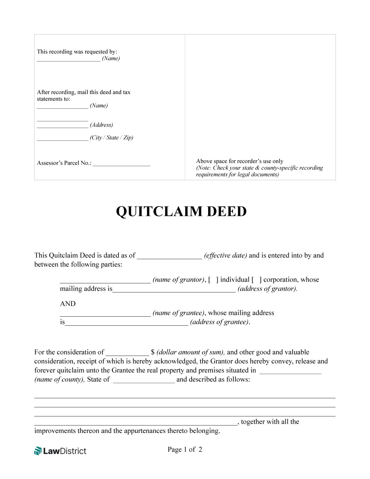 Free Printable Quit Claim Deed Form