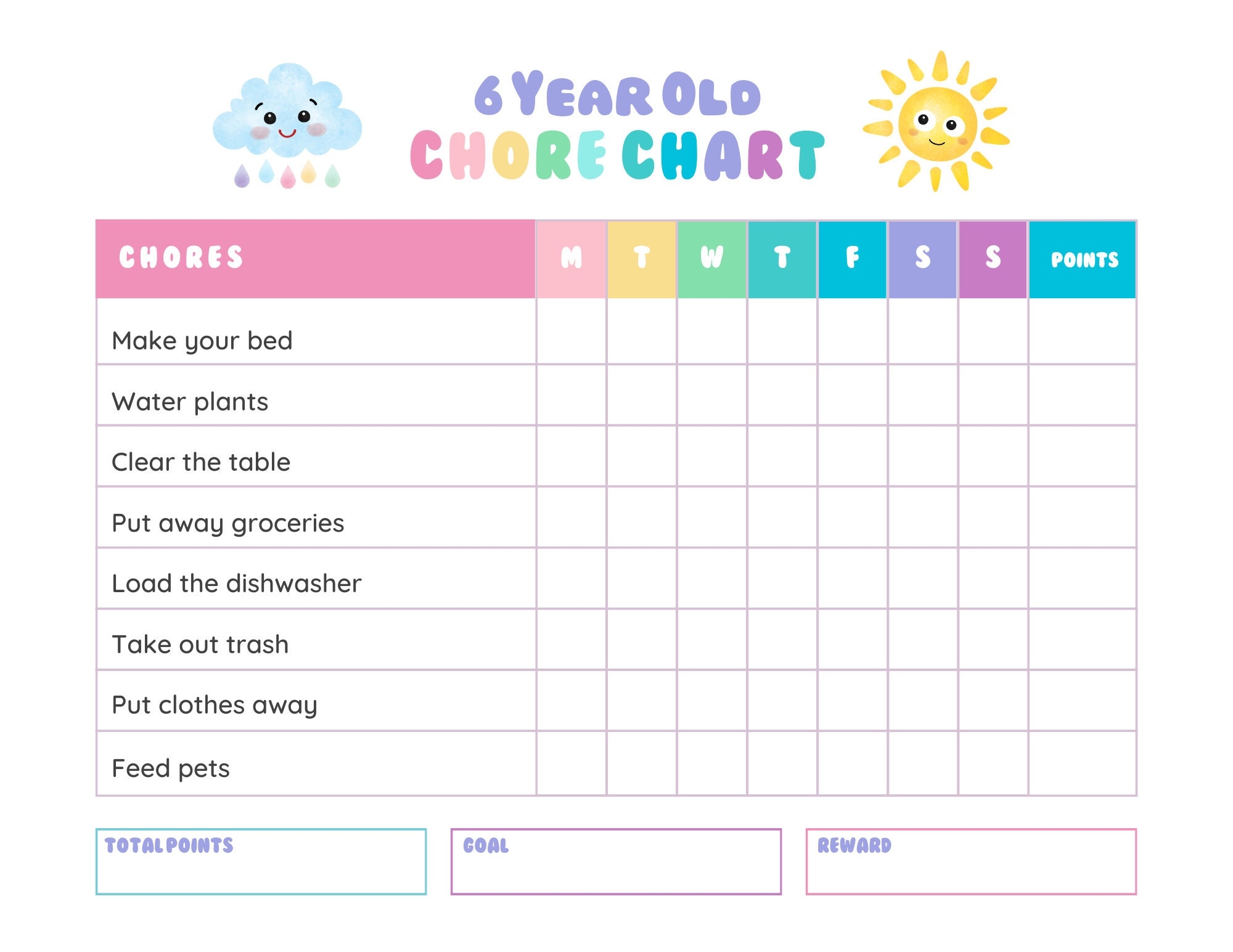 Printable Chore Chart For 6 Year Old