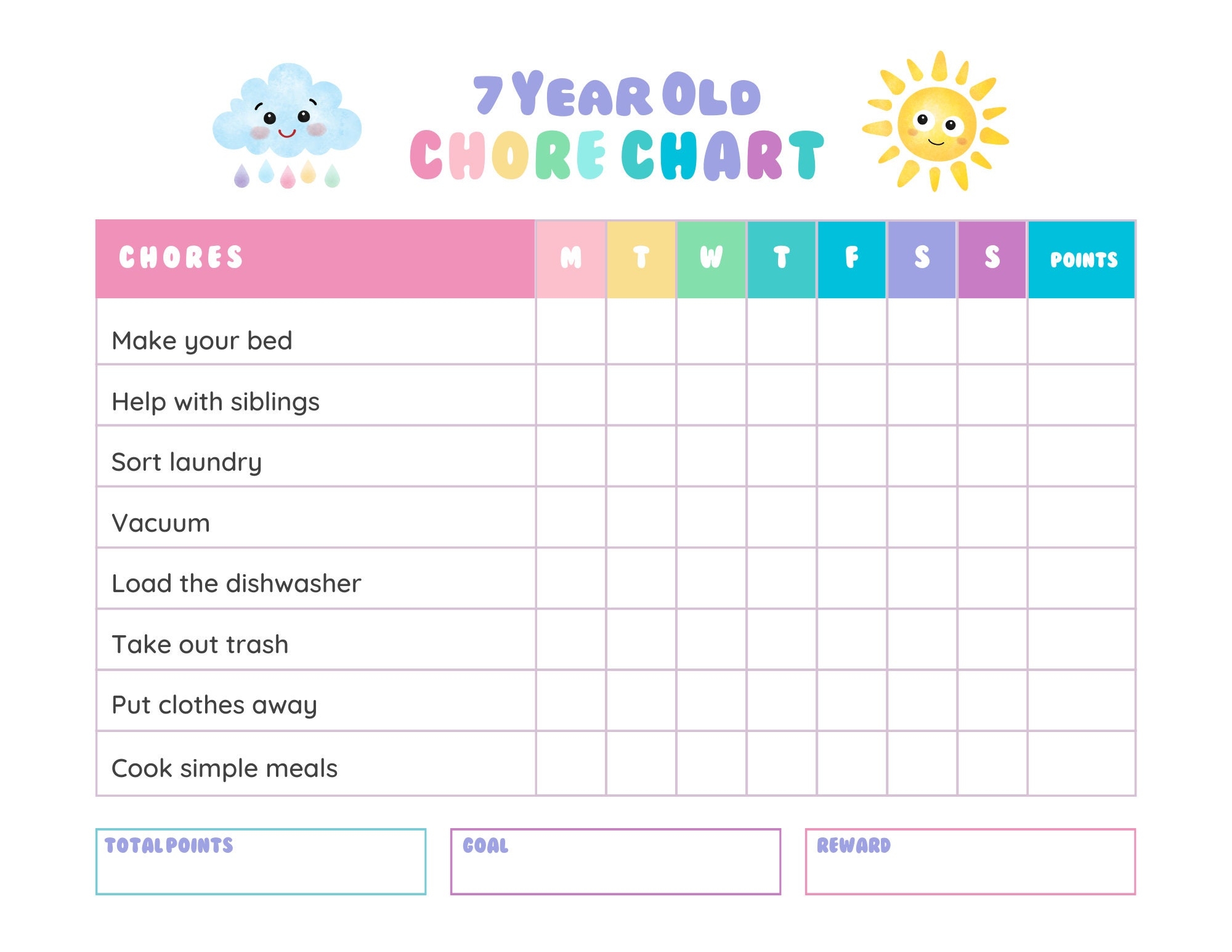 Rainbow Chore Chart For 7 Year Old Etsy